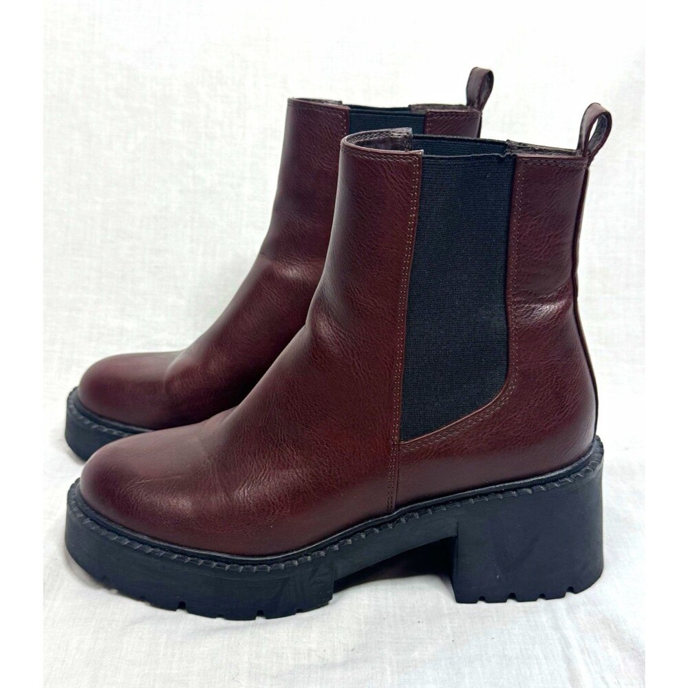 Brown Leather “True” Chelsea Ankle Boots Block Heel Pull-On Pull Tab Madden Girl